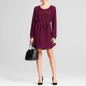 A NEW DAY Size Small Maroon Shirt Dress Lace Keyhole Long Sleeves Waist Belt